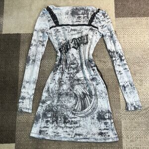Y2K Salvage Rebel Devil Graphic Lace Up Long Sleeve Mini Dress Grey Wash Medium